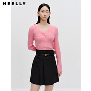 NEELLY納儷商場同款v領(lǐng)針織衫春季新款粉色金屬長袖修身短款上衣 貝殼粉 L