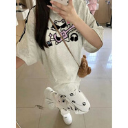 LXKP鹽系運動套裝女夏季韓版寬松短袖小狗爪印花闊腿褲學生休閑 吉他貓灰色T恤+褲子【套裝】 XS