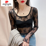 皮爾卡丹（pierre cardin）透明雷絲上衣女蕾絲打底衫毛衣內搭透視網(wǎng)紗長(cháng)袖黑色薄沙鏤空紗衣 雅典黑 【升級版好面料】 XL 建議110-125斤