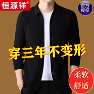 恒源祥針織開(kāi)衫男士外套春秋季翻領(lǐng)衫中年純色100毛絨衫爸爸毛衣男裝 33899黑色【純全新100】 L 170建議120-135斤