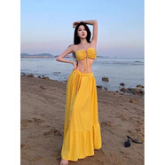 尤柯鳥(niǎo)（yoekbird）沙灘裙2025新款高端海邊度假風(fēng)性感褶皺抹胸上衣大擺半身裙兩件套 黃色 套裝含胸墊 S