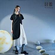 日著趣靜夜黑雙層短袖連衣裙2025夏季新款不規(guī)則裙擺高級(jí)感長裙女 靜夜黑 S