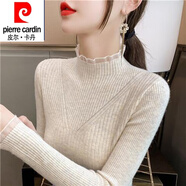 皮爾卡丹（pierre cardin）23秋冬新款半高領(lǐng)毛衣打底衫女內(nèi)搭洋氣上衣蕾絲拼接中領(lǐng)針織衫 1334杏色 M 【建議100-110斤】
