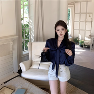 衣然呈品小香風(fēng)泡泡袖緞面襯衫女春秋純欲法式名媛蝴蝶結(jié)上衣墊肩襯衣內(nèi)搭 藍(lán)色 L 【建議110-130斤】