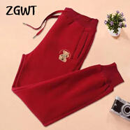 ZGWT輕奢高端品牌束腳休閑運(yùn)動(dòng)褲女寬松春秋冬加絨小熊哈倫褲衛(wèi)褲褲子 酒紅色-坐小熊 L 【春秋款】108-120斤