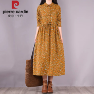 皮爾卡丹專(zhuān)柜大牌女小清新碎花亞麻長(cháng)裙長(cháng)袖加絨加厚棉麻連衣裙 黃色_（仿舊款介意勿拍）常規 XL 建議125-140斤