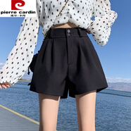 皮爾卡丹（pierre cardin）短褲女外穿2025新款春夏秋高腰a字西裝短褲百搭顯瘦休闊腿短褲子 黑色 西裝面料 M 95-105斤