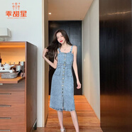 乖甜星吊帶牛仔連衣裙2025夏新款小個子時尚女性感單排扣收腰顯瘦中長款 淺藍色 S 85-95