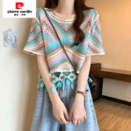 皮爾卡丹（pierre cardin）波西米亞風(fēng)刺繡鏤空設計感冰絲針織衫女夏民族風(fēng)流蘇鉤花短袖上衣 湖藍色 均碼 80-120斤