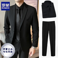 羅蒙（ROMON）西服男外套修身黑色休閑商務(wù)正裝職業(yè)韓款青年大碼伴郎單件西裝男 黑色西服+黑襯衫+西褲+領(lǐng)帶 2XL （適合148-160斤）