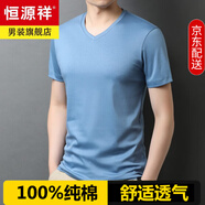 恒源祥男士短袖T恤V領(lǐng)夏季純白色100%純棉休閑體恤半袖男裝打底衫絲光棉 Q88201淺藍(lán)【V領(lǐng)】 XL 175 推薦135-150斤