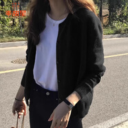 乖甜星春秋針織衫女毛衣開衫女大碼胖mm微胖灰色顯瘦圓領外搭上衣外套冬 黑色 2XL 【135-150斤】
