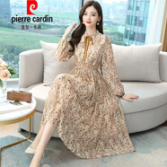 皮爾卡丹（pierre cardin）碎花雪紡連衣裙女士大版女裝2025春秋新款媽|媽長(cháng)袖感裙子針織 杏色 S (75-90斤)