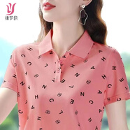 緣夢韻夏季新款翻領(lǐng)polo衫女短袖t恤大碼媽媽裝印花有帶領(lǐng)顯瘦體恤上衣 粉色102 4XL