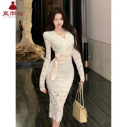 夏雨瑤純欲辣妹V領(lǐng)長(cháng)袖連衣裙女春夏新款修身顯瘦綁帶蕾絲包臀裙中長(cháng)裙A 杏色 S