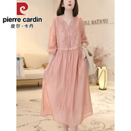 皮爾卡丹（pierre cardin）高端刺繡天絲苧麻連衣裙女法式燈籠袖收腰大擺棉麻長(zhǎng)裙 2024粉色2025 L 【建議115-130斤】