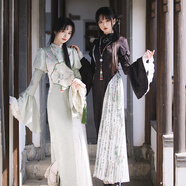 WITH PUJI【蘭亭·霜月夜op】withpuji原創(chuàng  )設計中華風(fēng)繡印結合改良旗袍秋 黑綠色短袖op 現貨 M