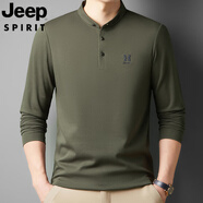 JEEP SPIRIT吉普2025新款絲光棉小立領(lǐng)長(zhǎng)袖T恤男打底小衫中年爸爸秋裝上衣 軍綠色 M 165