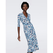 LT DVF春夏新款淺藍色天堂鳥(niǎo)印花氣質(zhì)系帶包臀裹身裙都市女人時(shí)尚 天堂鳥(niǎo)印花中長(cháng)款 M