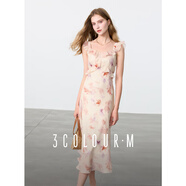 三彩2025春季新款暈染印花連衣裙飛飛袖方領(lǐng)收腰A字裙長(cháng)裙M