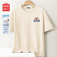 名創(chuàng)優(yōu)品（MINISO）圓領(lǐng)短袖t恤男夏季國潮體恤寬松休閑純棉百搭半袖衫中國風(fēng)上衣服 淺米(快樂柯基胸標(biāo)) XL 體重140-160斤左右