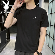 花花公子（PLAYBOY）短袖T恤男夏季男士上衣服男裝潮流寬松純色純棉打底衫 黑色 XL 