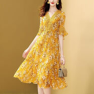 隱形都市歐洲站仿真絲連衣裙女 春夏新款貴夫人闊太太仿桑蠶絲雪紡裙子 黃色 M 【建議105斤以下】