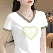 歐妤V領(lǐng)短袖t恤女夏季女裝新款寬松休閑顯瘦圓領(lǐng)不規(guī)則上衣體恤打底衫 白色愛心字母 2XL 建議120-130斤