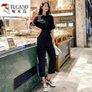 啄木鳥(niǎo)時(shí)尚工裝連體褲女夏2025新款長(zhǎng)款休閑褲小個(gè)子時(shí)尚闊腿連衣褲套裝 黑色 M 96-106斤