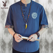花花公子刺繡亞麻短袖t恤男夏季薄款寬松大碼唐裝中國風(fēng)棉麻盤扣體恤 YM51藏青 L