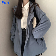 FSHE連帽長袖工裝外套女2025年春秋新款韓版學院風寬松百搭學生上衣潮 藍色  常規(guī) L
