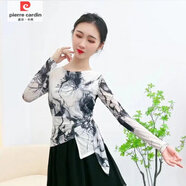 皮爾卡丹（pierre cardin）歐洲站中袖T恤夏季新款不規(guī)則收腰顯瘦小衫網(wǎng)紗洋氣印花氣質(zhì)上衣 水墨畫長袖 M 90斤左右