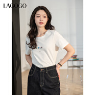 LAGOGO純棉印花簡(jiǎn)約正肩白色T恤女拉谷谷2025春新款甜美短袖上衣 本白色 S