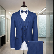 海派浩宇商務(wù)西服套裝男士豎條紋修身職業(yè)裝微彈力西裝正裝新郎結婚禮服 藍色條紋 180A