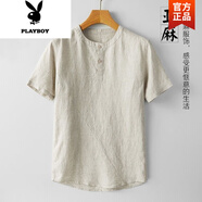 花花公子（PLAYBOY）中國風(fēng)男裝棉麻短袖t恤夏季圓領(lǐng)男士亞麻體恤衫寬松麻料薄款上衣 杏色【高質(zhì)量面料】 2XL 140斤-160斤