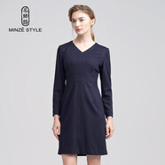 名師路針織毛呢打底連衣裙女冬裝新款通勤簡(jiǎn)約V領(lǐng)收腰顯瘦長(cháng)袖鉛筆裙 藏青色58 M