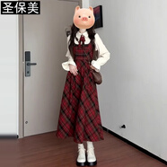 圣保美學(xué)院風紅色格紋背帶連衣裙女裝秋冬季2025新款過新年穿搭裙子套裝 套裝【襯衫+背帶裙】 2XL 碼