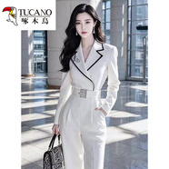 啄木鳥2025年春季法式氣場強(qiáng)大一件式高腰連衣褲子氣質(zhì)高端白色連體褲女 白色連體褲【贈腰帶】 S 【100斤以下】