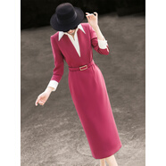 蘭瑟兒2026春季新款氣質(zhì)名媛高級感西裝裙撞色襯衫領(lǐng)包臀連衣裙女 玫紅色 2XL