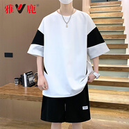 雅鹿短袖T恤男運(yùn)動(dòng)套裝男士夏季休閑透氣速干冰絲寬松T恤短褲兩件套 白衣+黑褲【高品質(zhì)】 XL 【135-150斤】