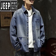 吉普（JEEP）潮胖大碼男裝牛仔襯衫寬松加肥加大夾克日系復古胖子肥佬襯衣外套 深藍 M 建議100-120斤
