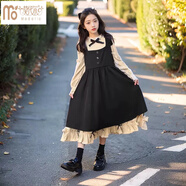 莫代爾女童連衣裙2025春秋季新款時(shí)髦洋氣學(xué)生女孩假兩件裙子甜美公主裙 黑色 150 cm 建議身高140-150cm9-10