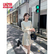 UKMR長(zhǎng)袖連衣裙春新款顯瘦針織裙中長(zhǎng)款內(nèi)搭打底毛衣裙女a(chǎn)字小黑裙 米白色(圓領(lǐng)花邊袖) L 105-118斤