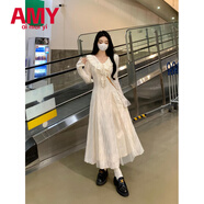 愛麥依大碼女裝法式仙女風(fēng)氣質(zhì)顯瘦連衣裙胖mm高腰顯瘦加絨V領(lǐng)打底長裙 米白色【名媛風(fēng)氣質(zhì)/千金感/超好 M 【100-120斤】