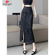 皮爾卡丹（pierre cardin）【翰代維】中國風(fēng)半身裙春夏季款設(shè)計感新中式提花開叉包臀中長裙 黑色 L 【110-120斤】