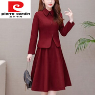 皮爾卡丹（pierre cardin）喜婆婆婚宴裝婚禮禮服丈母娘冬裝毛呢連衣裙兩件裝減齡套裝裙 酒紅色 XL