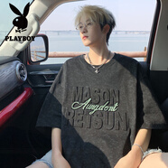 花花公子（PLAYBOY）夏季短袖男款寬松鋼印五分袖青少年半袖體恤美式學(xué)院風(fēng)重磅T恤男 T2506-黑色 5XL 建議200-230斤