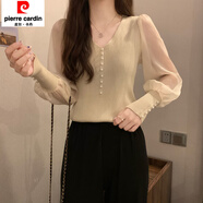 皮爾卡丹2025新款釘珠針織衫女長袖春季韓版修身氣質(zhì)雪紡拼接上衣打底毛衣 杏色 均碼 彈力均碼(建議75-120斤)