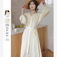 梵希蔓藍色新中式別致連衣裙女2025年春裝新款收腰慵懶風(fēng)長(cháng)袖裙子 M5296 杏色 M