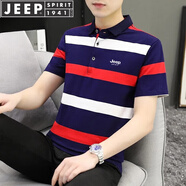 JEEP SPIRIT吉普短袖T恤男條紋POLO衫男夏季商務(wù)男休閑翻領(lǐng)修身上衣體恤 BYBL-8813藍紅 XL 建議（130斤-145斤）